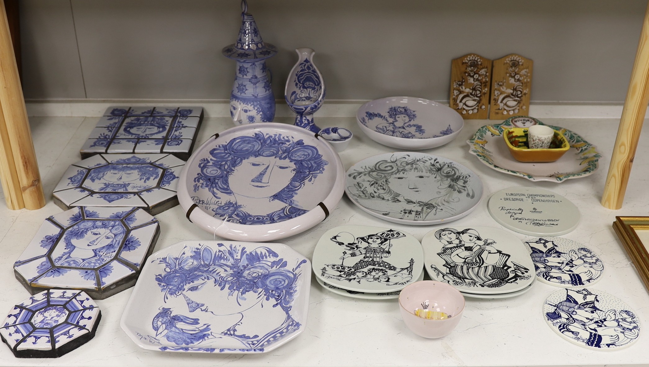 A collection of assorted Bjørn Wiinblad ceramics, tiles, dishes and others, largest 48cm wide